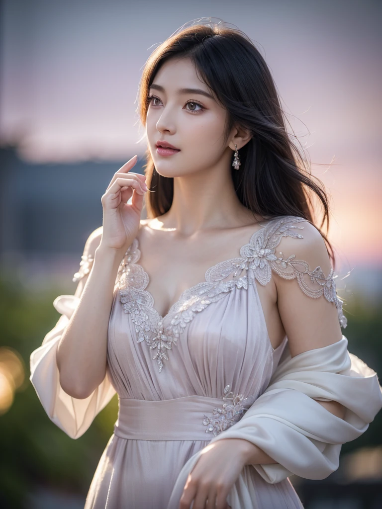 (best quality,4k,8k,highres,masterpiece:1.2),ultra-detailed,(realistic,photorealistic,photo-realistic:1.37), HDR, UHD, studio lighting, ultra-fine painting, sharp focus, physically-based rendering, extreme detail description, professional, vivid colors, bokeh, portraits, brunette girl, long hair, evening dress, beautiful detailed eyes, beautiful detailed lips, extremely detailed eyes and face, long eyelashes, delicate and radiant skin, elegant and confident posture, graceful hand gestures, enchanting smile, intricate lace embroidery on the dress, flowing and ethereal fabric, soft color gradient from dusky purple to midnight blue, warm and subtle golden highlights, gentle moonlight illuminating the surroundings, soft shadows creating depth and dimension.
