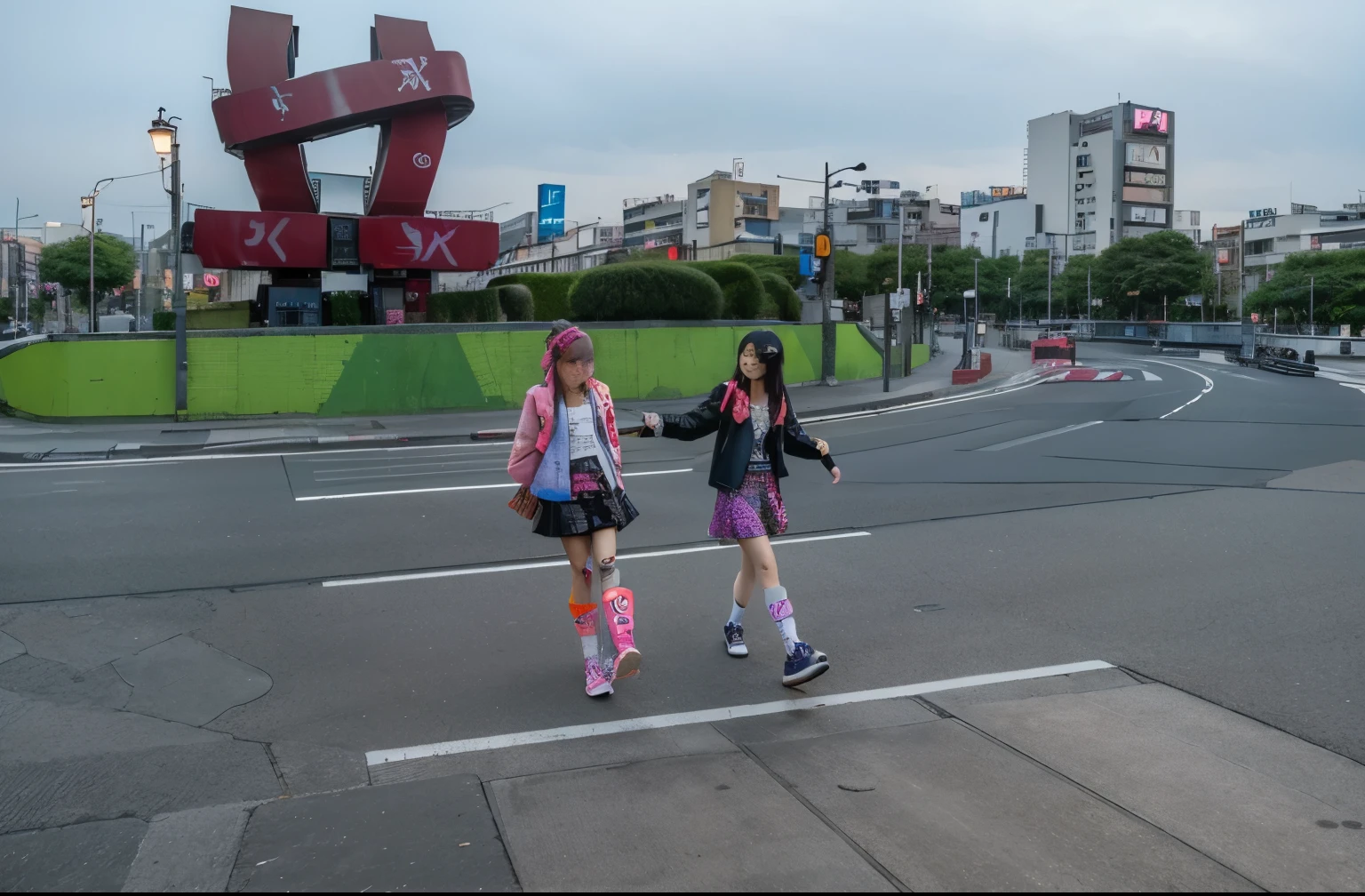 (Best quality, 8k, 32k, Masterpiece, UHD:1.2), "Transform the scene into the urban and vibrant streets of Harajuku, Japan, but with an eerie emptiness. The setting is devoid of crowds or people, emphasizing the stillness of the moment. The streets are lined with colorful storefronts and fashion boutiques, showcasing Harajuku's eclectic and trendy style. Neon signs and billboards add splashes of bright colors against the urban backdrop.

The architecture is a mix of modern and quirky, with buildings featuring unique facades, artistic graffiti, and bold patterns. There are no trees or grass, just the concrete jungle of the city, with sidewalks and streets intersecting in a complex, yet orderly fashion.

Street lamps and urban furniture like benches and signposts dot the area, enhancing the feeling of an urban environment. The scene captures the essence of Harajuku's vibrant fashion district, yet with an unusual quietness, allowing the intricate details of the urban landscape to stand out."