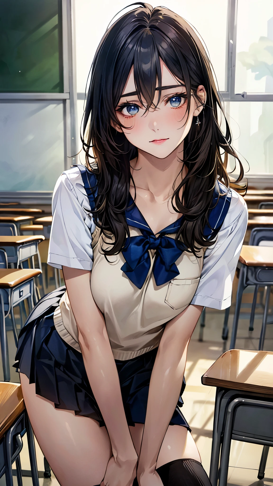 (masterpiece:1.2, top-quality), (realistic, photorealistic:1.4), beautiful illustration, (natural side lighting, movie lighting), nsfw, 
looking at viewer, face focus, upper body, 1 girl, japanese, high school girl, perfect face, cute and symmetrical face, shiny skin, 
(long hair:1.5, straight hair:1.4, dark purple hair), hair over one eye, dark purple, long eye lasher, (medium breasts), slender, 
beautiful hair, beautiful face, beautiful detailed eyes, beautiful clavicle, beautiful body, beautiful chest, beautiful thigh, beautiful legs, beautiful fingers, 
((navy gym uniform, navy buruma)), 
(beautiful scenery), evening, (school class room), school desk, school chair, blackboard, standing, (sad),