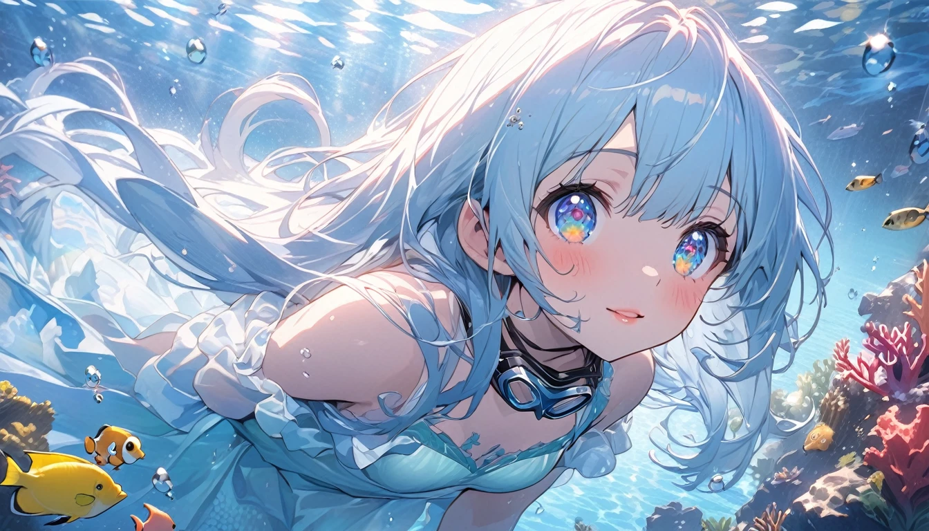 masterpiece, best quality, extremely detailed, (illustration, official art:1.1), 1 girl ,(((( light blue long hair)))), ,(((( light blue long hair)))),light blue hair, , long hair ((blush)) , cute face, big eyes, masterpiece, best quality,(((((a very delicate and beautiful girl))))),Amazing,beautiful detailed eyes,blunt bangs((((little delicate girl)))),(((tareme))),droopy eyes.(true beautiful:1.2), sense of depth,dynamic angle,,,, affectionate smile, (true beautiful:1.2),,(tiny 1girl model:1.2),)(flat chest),　(highest quality:1.2, Very detailed, Latest, Vibrant, Super Detail, Ultra-high resolution, High Contrast, masterpiece:1.2, highest quality, Best aesthetics), Detailed eyes、Underwater Scene、Anime Girls、Beautiful Lips、Colorful tropical fish、coral、((比基尼:1.2))、swimming、Calm expression、Lush vegetation、aquatic environment、Sun rays、Sparkling water reflections、A breathtaking underwater world、Bright colors、Subtle lighting、Tranquility、Marine Life、A masterpiece of art、Surreal atmosphere、Diving goggles、Water bubbles、Clear water、Tropical paradise、A blissful experience、Girl&#39;s happy face、coral礁、Unusual Marine Life、Rising bubbles、Shining fish scales、A floating sensation like weightlessness。
