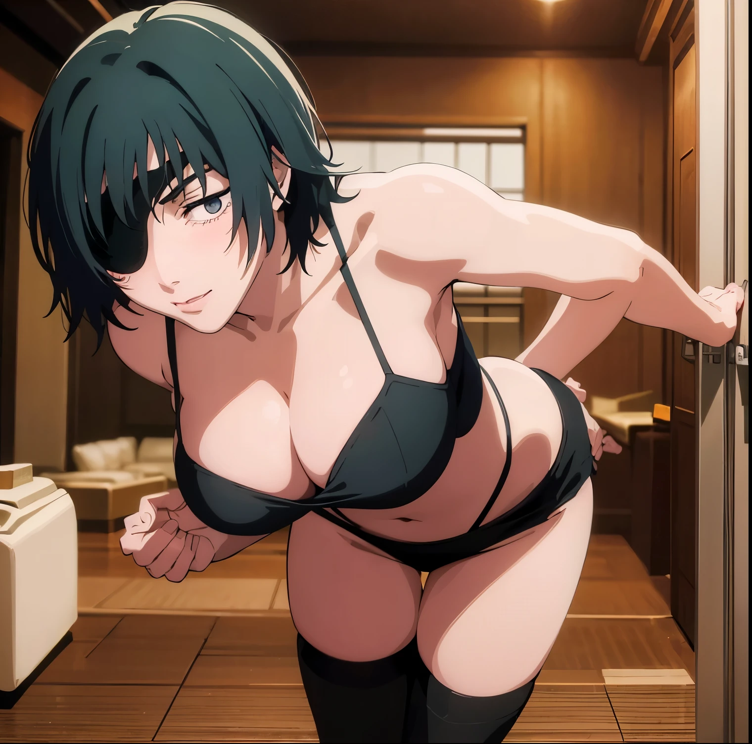 ((1girl)),((alone)), himeno ((chainsawman)),(masterpiece), (best quality), (ultra detailed), (best illustration), (best shadow), (absurdities), sharp focus , cowboy shot, dynamic posture looking at viewer, small breasts, narrow waist, wide hips, wide thighs, round butt, erotic, romantic, (highly detailed eyes, 1.1 lips), highly detailed eyes, eyes, Highly detailed face, Face very beautiful, full height, beautiful slim figure, femininity, expressive appearance, elastic big breasts, increased sexuality, eye patch, cigarette, alone, black hair, holding a cigarette, big breasts, black eyes, one eye covered, shirt white suspenders, tight shirt, cleavage, bare arms, black panties, bare legs, cigarette between fingers, defined body, perfect and beautiful body, perfect and beautiful, closed mouth, smile, seductive smile, lips parted, blushing, (sexy pose : 1.2), ((solo)), standing: 1.3, interior, apartment, terrace, night, cityscape, city, city lights, looking forward, ((focus on breasts)), point of view :( from above), red blush, perfect anatomy, perfect hands