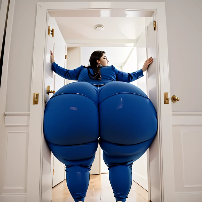 masterpiece, 1girl behind a doorway, from behind, (doorstuck, stuckback:1.3), ssbbw ,huge wide hips, round belly, thick thighs, giant butt,colorful clothing, wearing an aqua blue suit and tie and formal pants, upset, desperately trying to wiggle through, she tries to free herself but she won't budge, she is stuck tight view from behind, she is too wide, the doorway is quite narrow too, she kicks her legs furiously, trying to wiggle her hips through the small door, but its no good, the door is too small, she keeps trying to squeeze through with frustration, she is stuck too tight