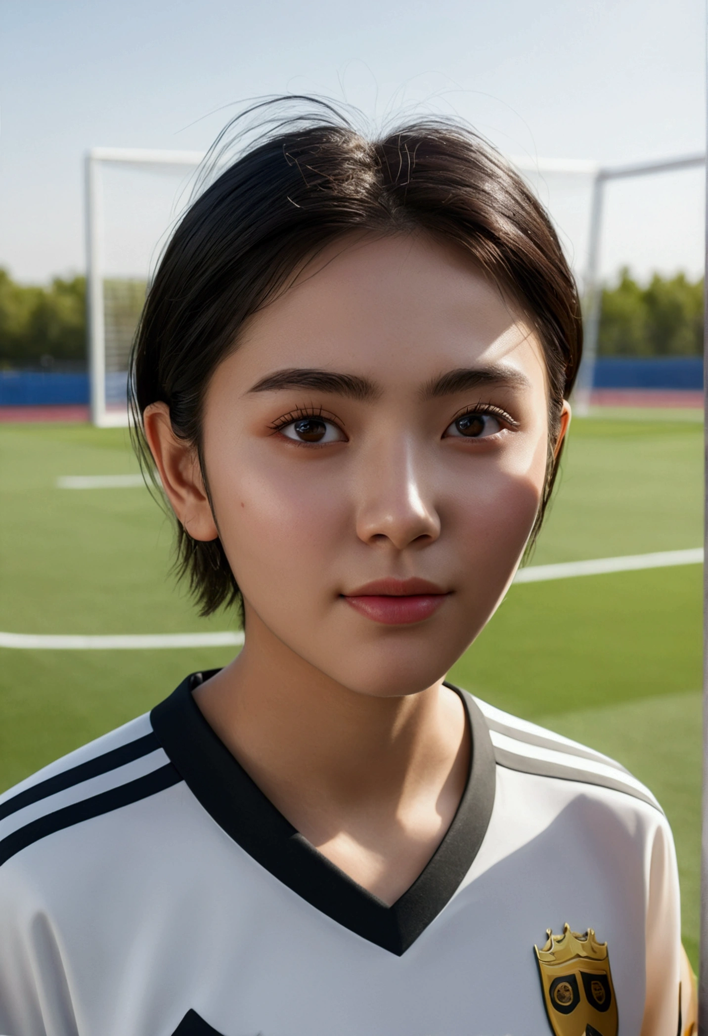 (Highest quality,8K quality,masterpiece:1.3),(Ultra-high resolution,Realistic:1.4,RAW Photos),(Very detailed,Caustics,Detailed Background),(Ultra-Realistic Capture,Fine and beautiful skin,Perfect Anatomy),(Eyebrow slider),morning sky,18-year-old,cute,double eyelid,Black short bob,Soccer player in uniform,Looking into the camera,Laughter,Natural soft light,Upper body close-up,Soccer court,There&#39;s a goal behind you,dribble,