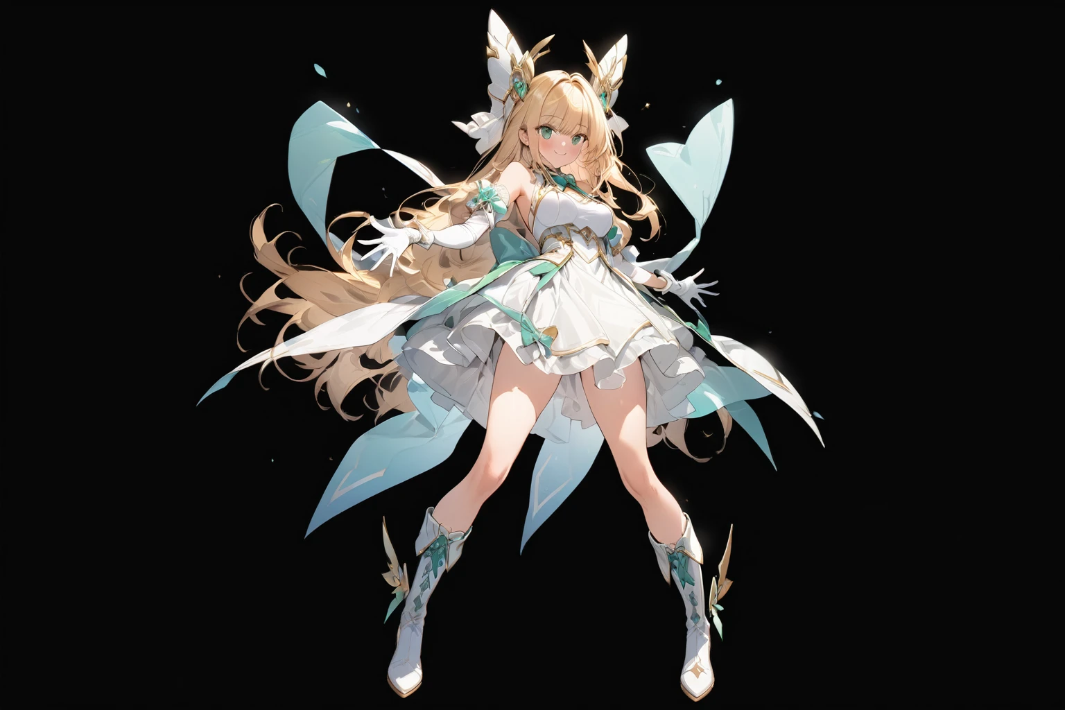 (masterpiece),(best quality),(ultra-detailed),(best illustration),(best shadow),(absurdres),(detailed background),(very aesthetic), 1girl, green-eyes, solo, gloves, blonde-hair, ((long-hair)), white-gloves, looking-at-viewer, full-body, simple-background, boots, dress, breasts, smile, standing, hair-ornament, closed-mouth, bangs, knee-boots, medium-breasts, bare-shoulders, detached-sleeves, ribbon, headgear, blush, sleeveless, elbow-gloves, skirt