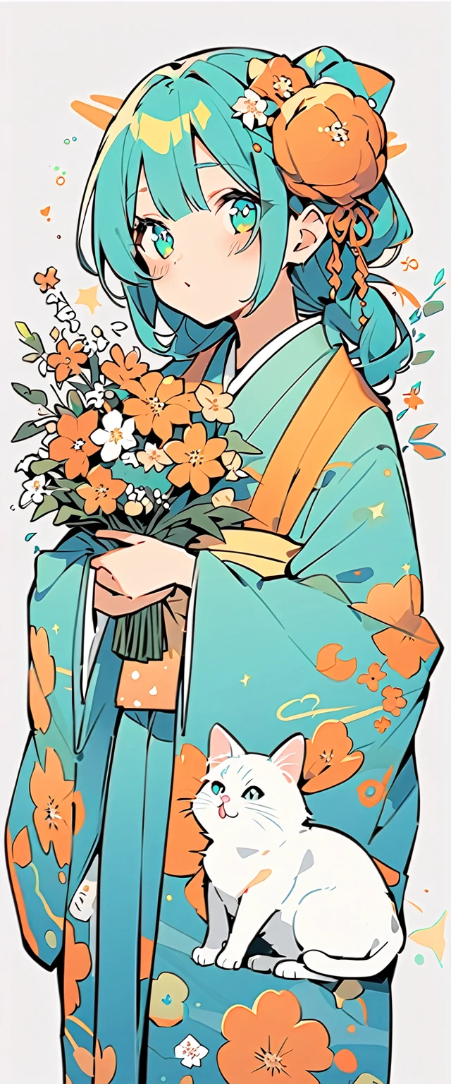 yxycolor,girl ,kimono,cat,shining pupils,simple illustration、green,blue,orange combination,few flowers,clean background