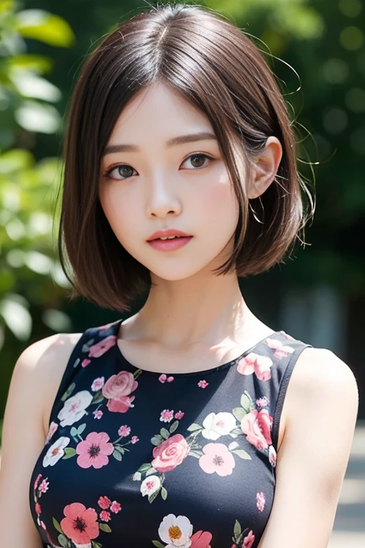 、(masterpiece、Highest quality)、Highest quality, Ultra-high resolution, (((masterpiece))), alone, Sweat、Big eyes, Sleeveless、Outdoor、Floral Dress、Composition from the front、(後ろCut your hair short、short hair、bionde、woman)、Shortcuts、Embarrassed face、Cut your hair short、Cute woman's 、Big Breasts、Browsing Caution