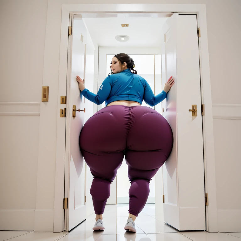masterpiece, 1girl behind a doorway, from behind, (doorstuck, stuckback:1.3), ssbbw ,huge wide hips, round belly, thick thighs, giant butt,colorful clothing, wearing an aqua blue suit and tie and formal pants, upset, desperately trying to wiggle through, she tries to free herself but she won't budge, she is stuck tight view from behind, she is too wide, the doorway is quite narrow too, she kicks her legs furiously, trying to wiggle her hips through the small door, but its no good, the door is too small, she keeps trying to squeeze through with frustration, she is stuck too tight