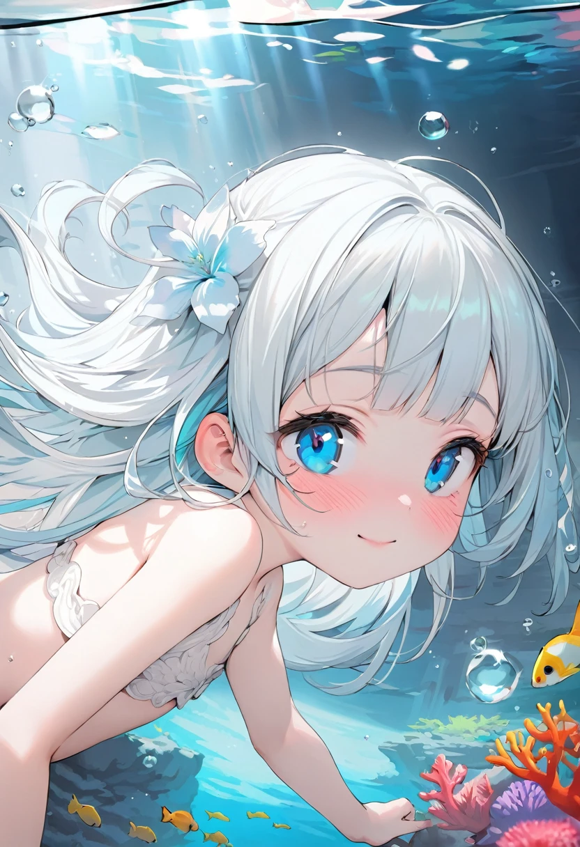 masterpiece, best quality, extremely detailed, (illustration, official art:1.1), 1 girl ,(((( light blue long hair)))), ,(((( light blue long hair)))),light blue hair, , long hair ((blush)) , cute face, big eyes, masterpiece, best quality,(((((a very delicate and beautiful girl))))),Amazing,beautiful detailed eyes,blunt bangs((((little delicate girl)))),(((tareme))),droopy eyes.(true beautiful:1.2), sense of depth,dynamic angle,,,, affectionate smile, (true beautiful:1.2),,(tiny 1girl model:1.2),)(flat chest),　(highest quality:1.2, Very detailed, Latest, Vibrant, Super Detail, Ultra-high resolution, High Contrast, masterpiece:1.2, highest quality, Best aesthetics), Detailed eyes、Underwater Scene、Anime Girls、Beautiful Lips、Colorful tropical fish、coral、((比基尼:1.2))、swimming、Calm expression、Lush vegetation、aquatic environment、Sun rays、Sparkling water reflections、A breathtaking underwater world、Bright colors、Subtle lighting、Tranquility、Marine Life、A masterpiece of art、Surreal atmosphere、Diving goggles、Water bubbles、Clear water、Tropical paradise、A blissful experience、Girl&#39;s happy face、coral礁、Unusual Marine Life、Rising bubbles、Shining fish scales、A floating sensation like weightlessness。
