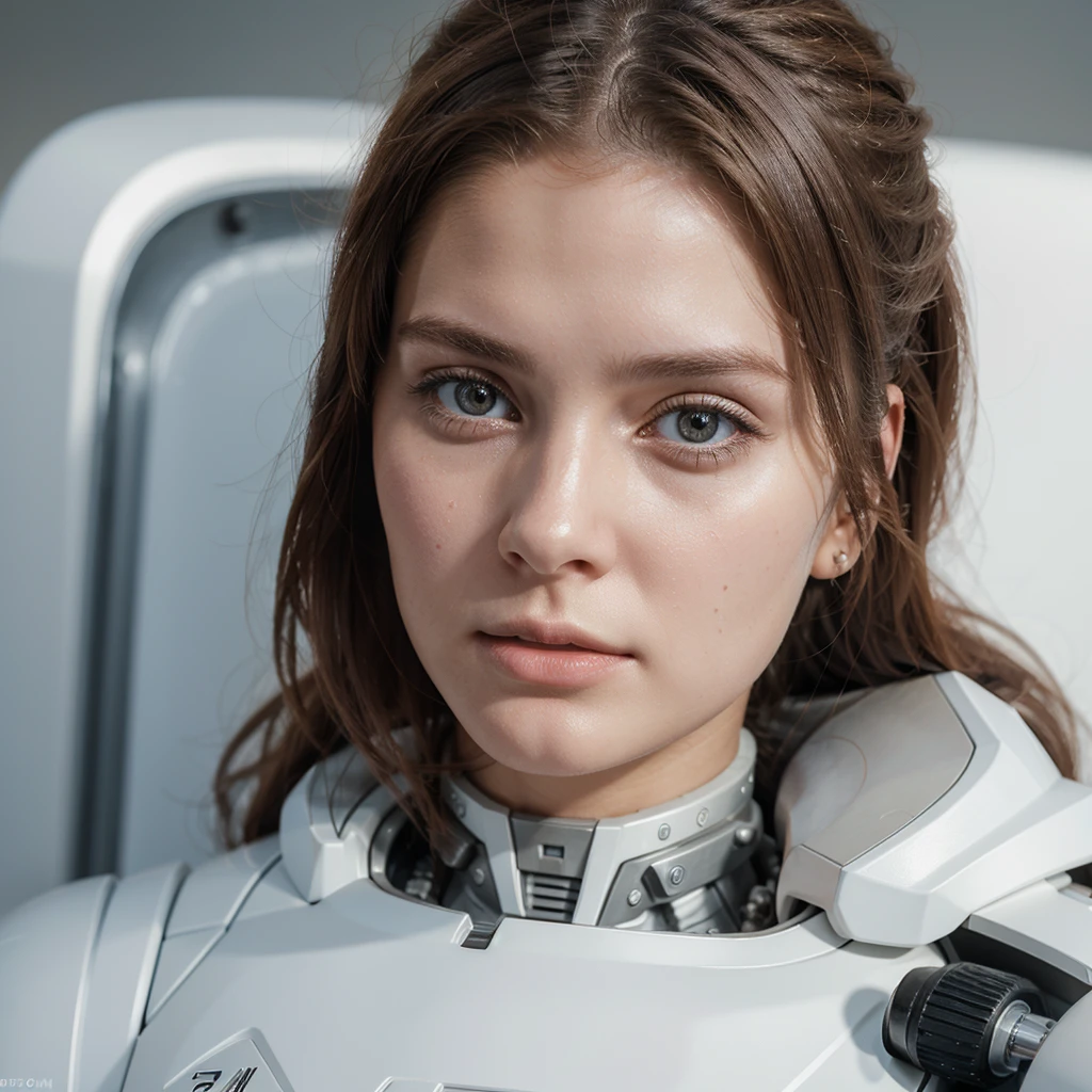 Female white face of a 25 year old robot, ultrarealistic, zoom in on face