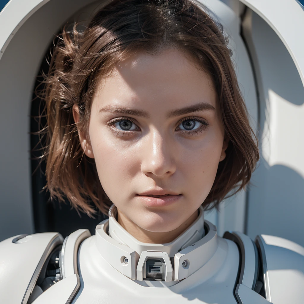 Female white face of a 25 year old robot, ultrarealistic, zoom in on face