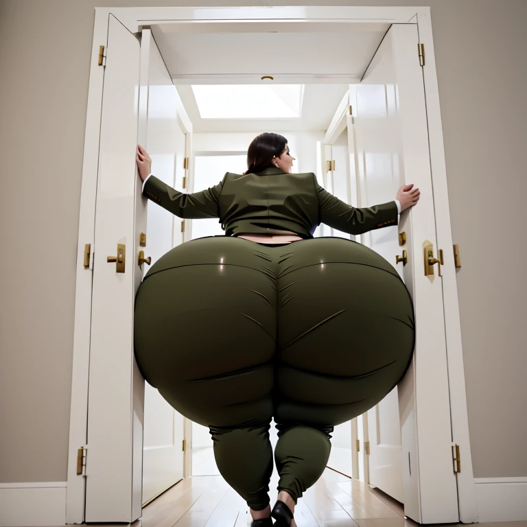 masterpiece, 1girl behind a doorway, from behind, (doorstuck, stuckback:1.3), ssbbw ,huge wide hips, round belly, thick thighs, giant butt,colorful clothing, wearing a olive green suit and tie and formal pants, upset, desperately trying to wiggle through, she tries to free herself but she won't budge, she is stuck tight view from behind, she is too wide, the doorway is quite narrow too, she kicks her legs furiously, trying to wiggle her hips through the small door, but its no good, the door is too small, she keeps trying to squeeze through with frustration, she is stuck too tight