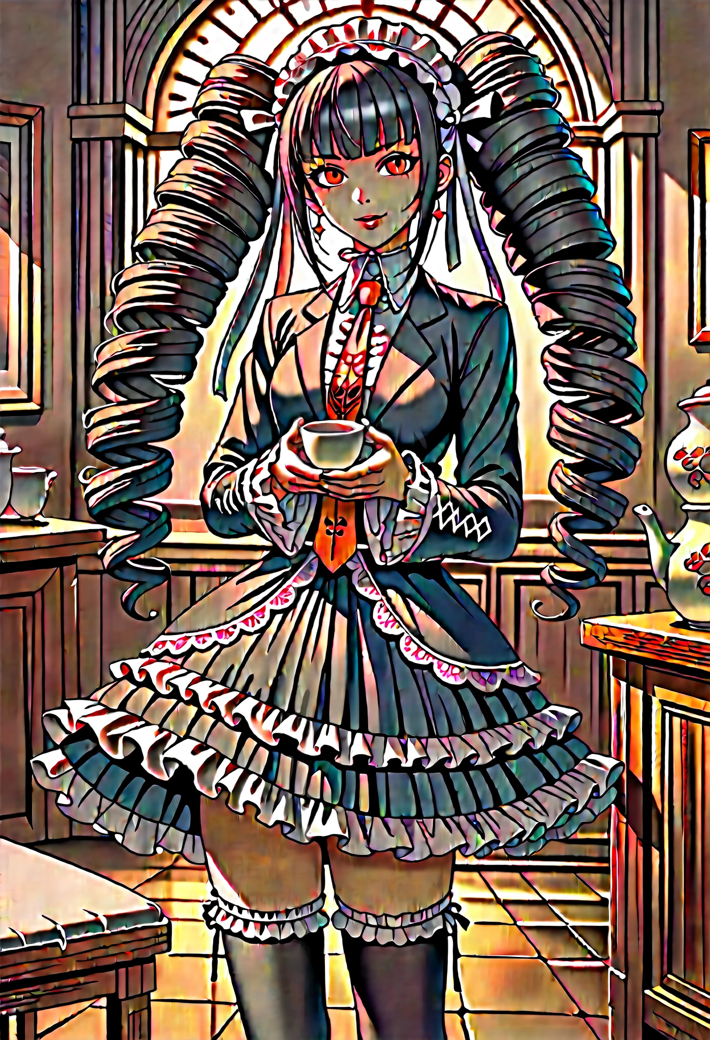 score_9, score_8_up, score_7_up, BREAK, score_9, 1girl, celestia ludenberg, long hair, twintails, twin drills, drill hair, bangs, black hair, red eyes, skirt, shirt, long sleeves, jewelry, standing, jacket, frilled thighhighs, earrings, frills, necktie, shoes, black skirt, nail polish, black jacket, over-kneehighs, black thighhighs, red necktie, red footwear, black nails, lolita fashion, gothic lolita, layered skirt, bonnet, claw ring, sitting, holding a tea cup, evil smile, pale skin, cowboy shot, mansion