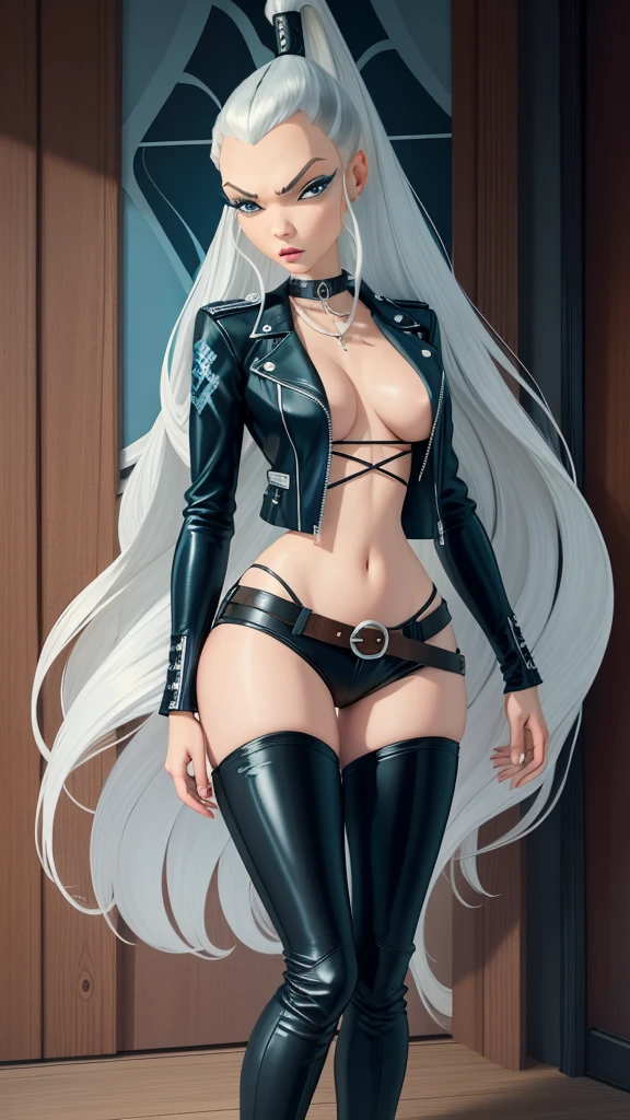 ​masterpiece, best quality, Ultra-detail, Illustration, 1 girl, icywinx, alone, very long hair, black open leather jacket, Jeans, belt, Creolen, navel, Fantasies, leather boots, spread legs, hochnäsiger Blick, closed mouth, Fantasies worlds, Komposition,  