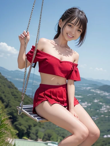 Japanese female, a lot of details, (underweight), detailed black hair, beautiful detailed hair, super fucking beautiful, delicate beautiful face, complex details beautiful and delicate eyes, perfect hands, (flat chest best quality:1.5), perfect and delicate limbs, detailed skin, best quality, ultra-detailed,(cheerful grin:1.5),
mountain, sky, Swing, riding Swing, two side up, legs spread,(off shoulder top), (red mini skirt), in the sky, on the mountain, (with a Swing), full body shot,extreme long shot,from front, gigantic scale