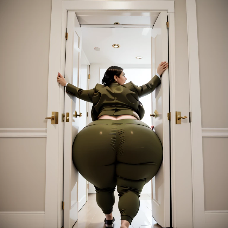 masterpiece, 1girl behind a doorway, from behind, (doorstuck, stuckback:1.3), ssbbw ,huge wide hips, round belly, thick thighs, giant butt,colorful clothing, wearing a olive green suit and tie and formal pants, upset, desperately trying to wiggle through, she tries to free herself but she won't budge, she is stuck tight view from behind, she is too wide, the doorway is quite narrow too, she kicks her legs furiously, trying to wiggle her hips through the small door, but its no good, the door is too small, she keeps trying to squeeze through with frustration, she is stuck too tight