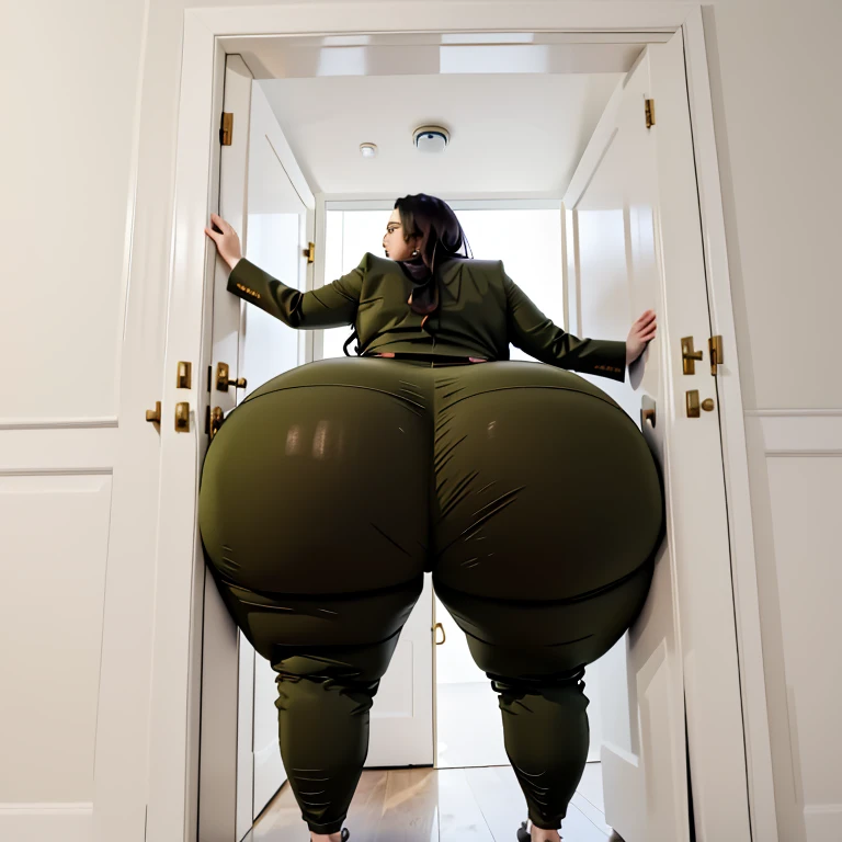 masterpiece, 1girl behind a doorway, from behind, (doorstuck, stuckback:1.3), ssbbw ,huge wide hips, round belly, thick thighs, giant butt,colorful clothing, wearing a olive green suit and tie and formal pants, upset, desperately trying to wiggle through, she tries to free herself but she won't budge, she is stuck tight view from behind, she is too wide, the doorway is quite narrow too, she kicks her legs furiously, trying to wiggle her hips through the small door, but its no good, the door is too small, she keeps trying to squeeze through with frustration, she is stuck too tight