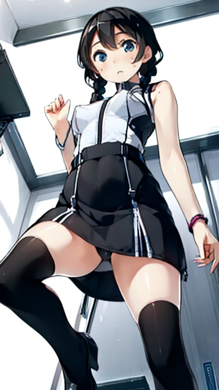 (Highest quality), (masterpiece), 1080P, High resolution, 4K, 8k, Thigh straps, Shooting from directly below, The woman on top of me, Nipples, 白いSweat, Covered , Sweat, Woman looking down, Micro Bikini, Skirt swimsuit, Thigh-high socks, To achieve this, , Small breasts, whole body, Black leather shoes, Braided hair, Inner Color, Embarrassed face, Short black hair, bracelet, Bedroom,celestial body_Vest