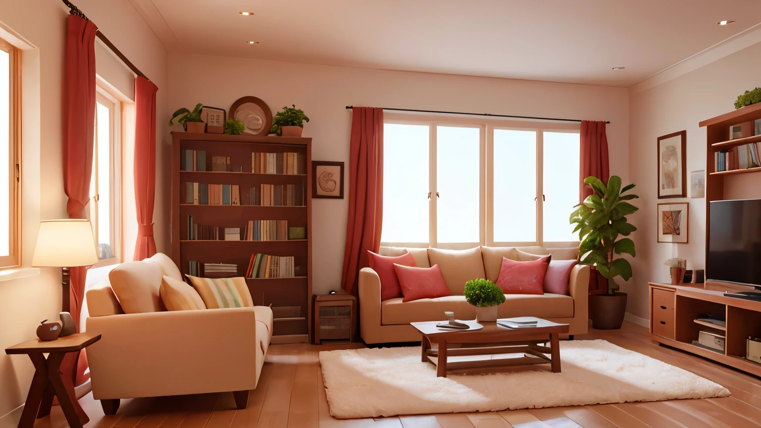 The image appears to be a cozy living room with soft lights and an inviting atmosphere. Based on description and visual style, Here is an exact prompt that you can use to create similar works of art using AI: "Create an illustration of a cozy living room with soft lighting. The room should have large windows that show a beautiful sunset or twilight sky, With string lights adding to the ambiance. It includes a comfortable sofa with colorful cushions, Large TV, coffee table with some decorative items, A bookshelf filled with plants and books. The overall mood should be warm and inviting, Perfect for a cozy evening." Feel free to edit the prompt based on any specific details you want to emphasize or modify!