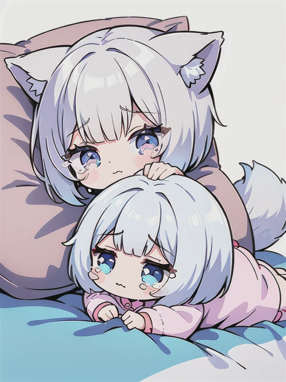 High quality, 1girl, ((((Candy Candy anime style)))), (wolf girl, wolf ears, wolf tail), animal ears, animal tail, ((((short hair)))), ((silver white hair)), hair clip, ((hair tap eye)), ((blue eyes)), long eyeslashes, eyeliner, (((small breasts, old pijama))), ((sleepy, tears of slesp, pillow in hand)), ((worried, sad expression, mellancholic look, blue eyes)), (white background), closed_mouth, blush, eyelashes, detailed shadows, detailed body, detailed eyes, detailed lines, (((chibi style, anime coloring, 4K))).