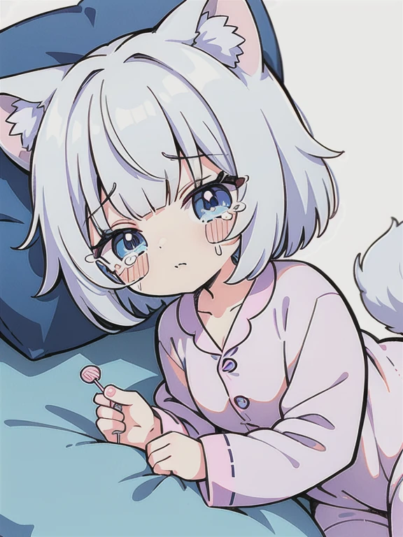 High quality, 1girl, ((((Candy Candy anime style)))), (wolf girl, wolf ears, wolf tail), animal ears, animal tail, ((((short hair)))), ((silver white hair)), hair clip, ((hair tap eye)), ((blue eyes)), long eyeslashes, eyeliner, (((small breasts, old pijama))), ((sleepy, tears of slesp, pillow in hand)), ((worried, sad expression, mellancholic look, blue eyes)), (white background), closed_mouth, blush, eyelashes, detailed shadows, detailed body, detailed eyes, detailed lines, (((chibi style, anime coloring, 4K))).