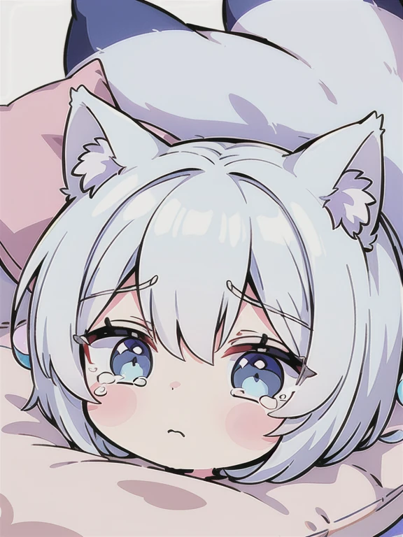 High quality, 1girl, ((((Candy Candy anime style)))), (wolf girl, wolf ears, wolf tail), animal ears, animal tail, ((((short hair)))), ((silver white hair)), hair clip, ((hair tap eye)), ((blue eyes)), long eyeslashes, eyeliner, (((small breasts, old pijama))), ((sleepy, tears of slesp, pillow in hand)), ((worried, sad expression, mellancholic look, blue eyes)), (white background), closed_mouth, blush, eyelashes, detailed shadows, detailed body, detailed eyes, detailed lines, (((chibi style, anime coloring, 4K))).