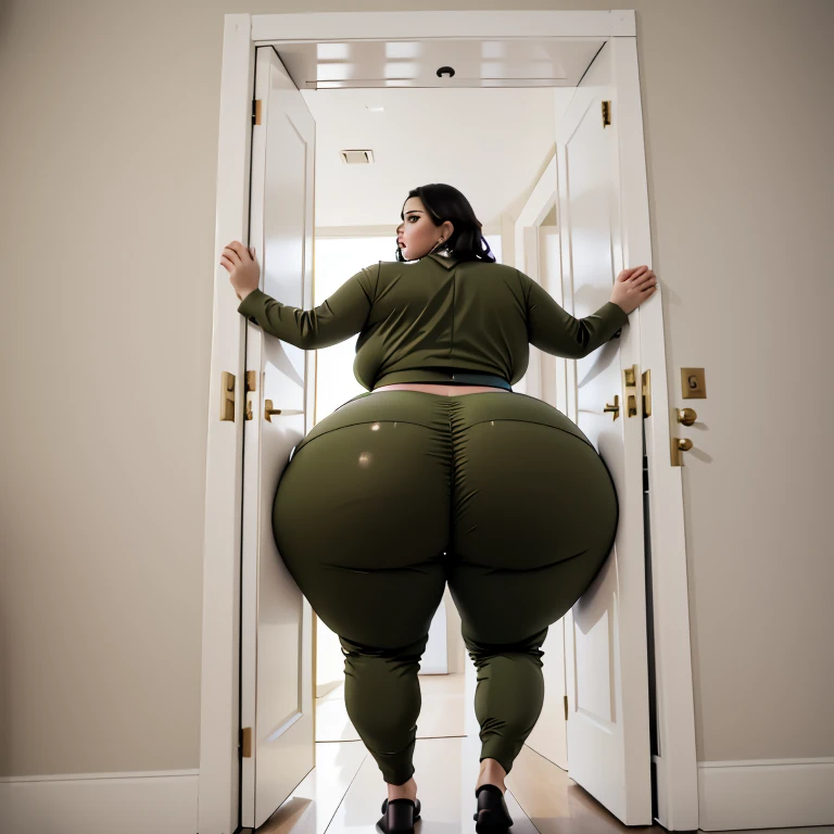 masterpiece, 1girl behind a doorway, from behind, (doorstuck, stuckback:1.3), ssbbw ,huge wide hips, round belly, thick thighs, giant butt,colorful clothing, wearing a olive green suit and tie and formal pants, upset, desperately trying to wiggle through, she tries to free herself but she won't budge, she is stuck tight view from behind, she is too wide, the doorway is quite narrow too, she kicks her legs furiously, trying to wiggle her hips through the small door, but its no good, the door is too small, she keeps trying to squeeze through with frustration, she is stuck too tight