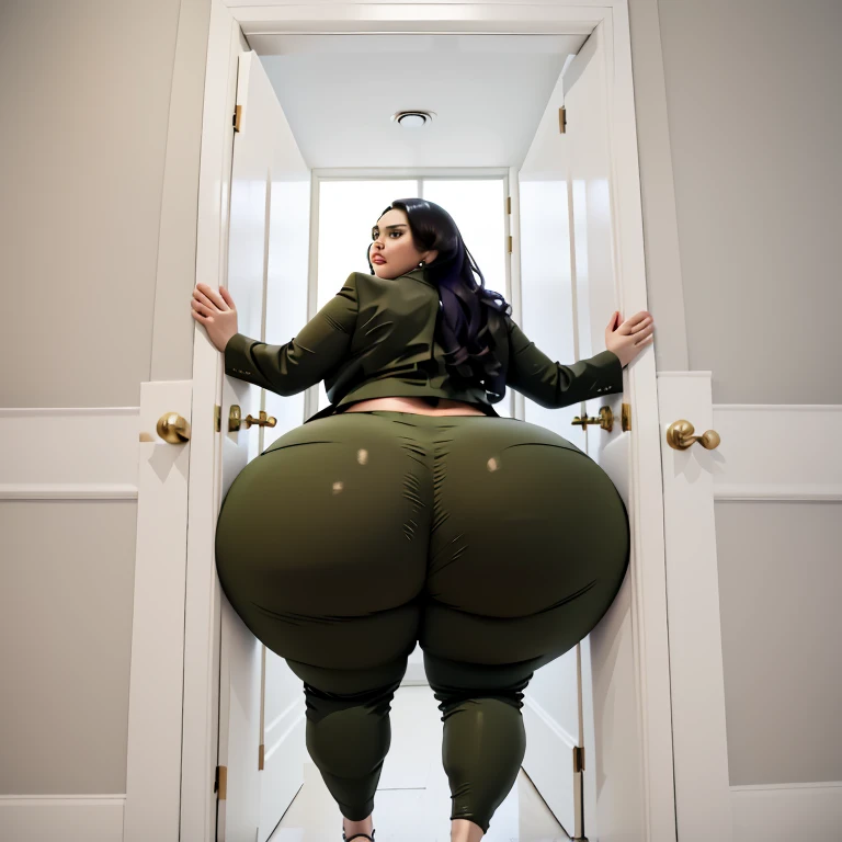 masterpiece, 1girl behind a doorway, from behind, (doorstuck, stuckback:1.3), ssbbw ,huge wide hips, round belly, thick thighs, giant butt,colorful clothing, wearing a olive green suit and tie and formal pants, upset, desperately trying to wiggle through, she tries to free herself but she won't budge, she is stuck tight view from behind, she is too wide, the doorway is quite narrow too, she kicks her legs furiously, trying to wiggle her hips through the small door, but its no good, the door is too small, she keeps trying to squeeze through with frustration, she is stuck too tight