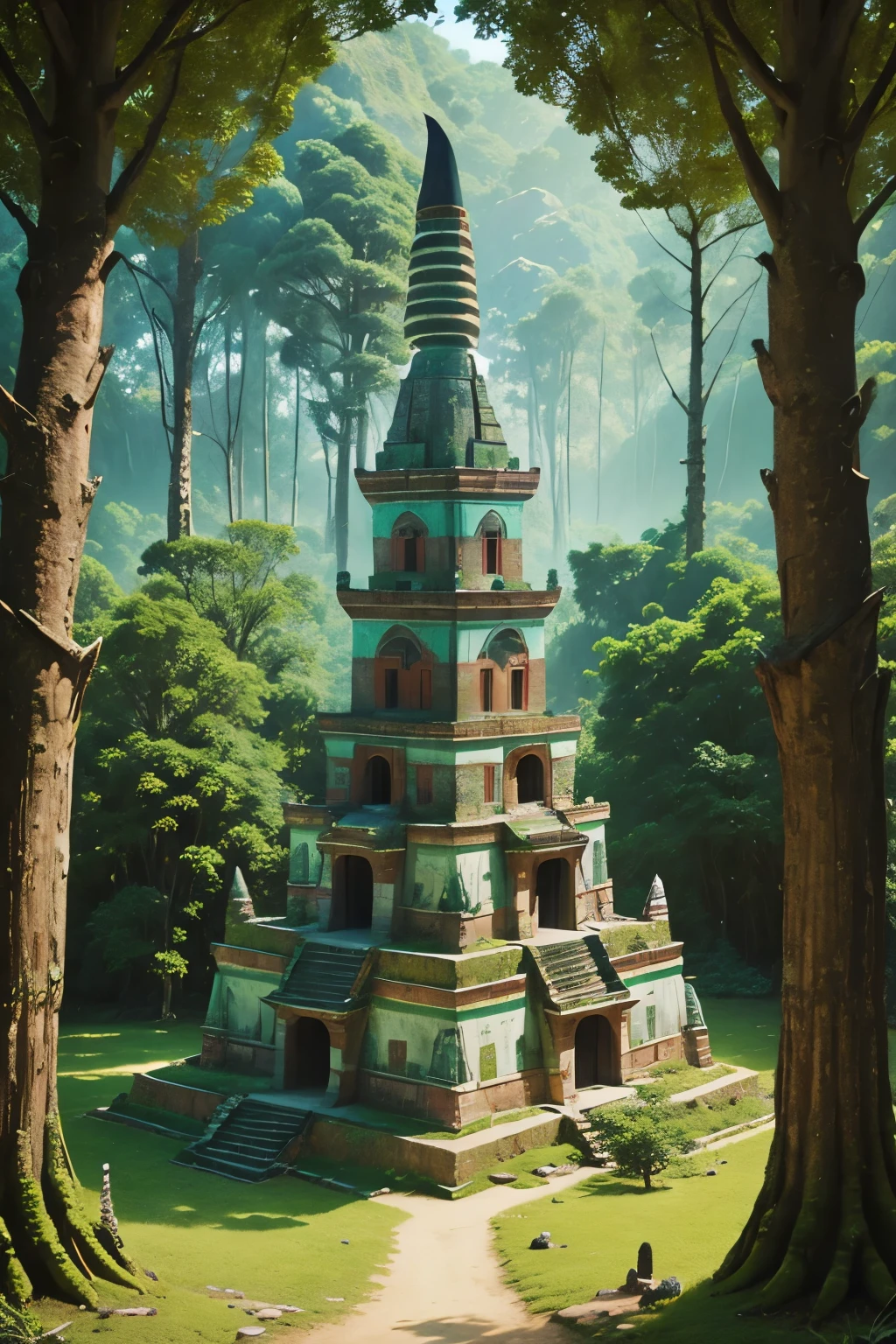 landscape in Mayan castles, forest with Mayan warriors, Mayan ornaments and totems, richness of details, super quality, 8k, 4D