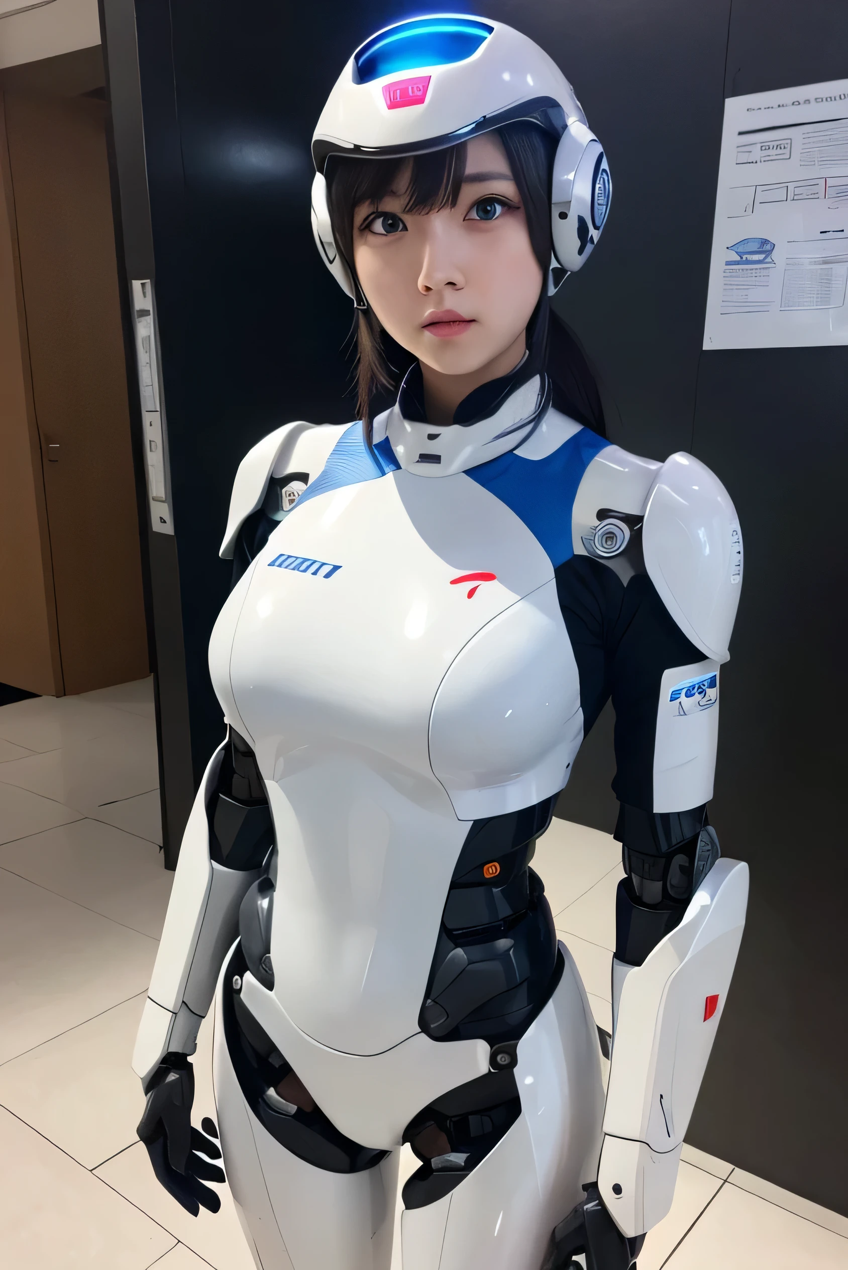 masterpiece, best quality, extremely detailed, Japanese android girl,Plump ,control panels,robot arms,robot,android,cyborg,white robot body,ceramic body,perfect robotgirl,police,helmet,head cover,police uniform,blue eyes,