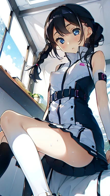 (Highest quality), (masterpiece), 1080P, High resolution, 4K, 8k, Thigh straps, Shooting from directly below, The woman on top of me, Nipples, 白いSweat, Covered , Sweat, Woman looking down, Micro Bikini, Skirt swimsuit, Thigh-high socks, To achieve this, , Small breasts, whole body, Black leather shoes, Braided hair, Inner Color, Embarrassed face, Short black hair, bracelet, Bedroom,celestial body_Vest