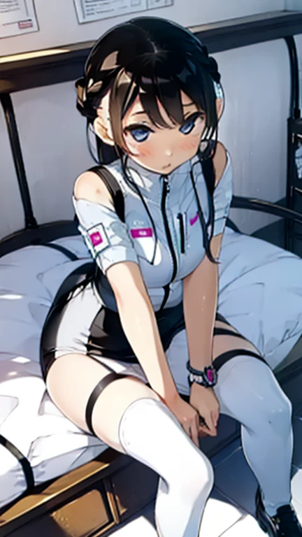 (Highest quality), (masterpiece), 1080P, High resolution, 4K, 8k, Thigh straps, Shooting from directly below, The woman on top of me, Nipples, 白いSweat, Covered , Sweat, Woman looking down, Micro Bikini, Skirt swimsuit, Thigh-high socks, To achieve this, , Small breasts, whole body, Black leather shoes, Braided hair, Inner Color, Embarrassed face, Short black hair, bracelet, Bedroom,celestial body_Vest
