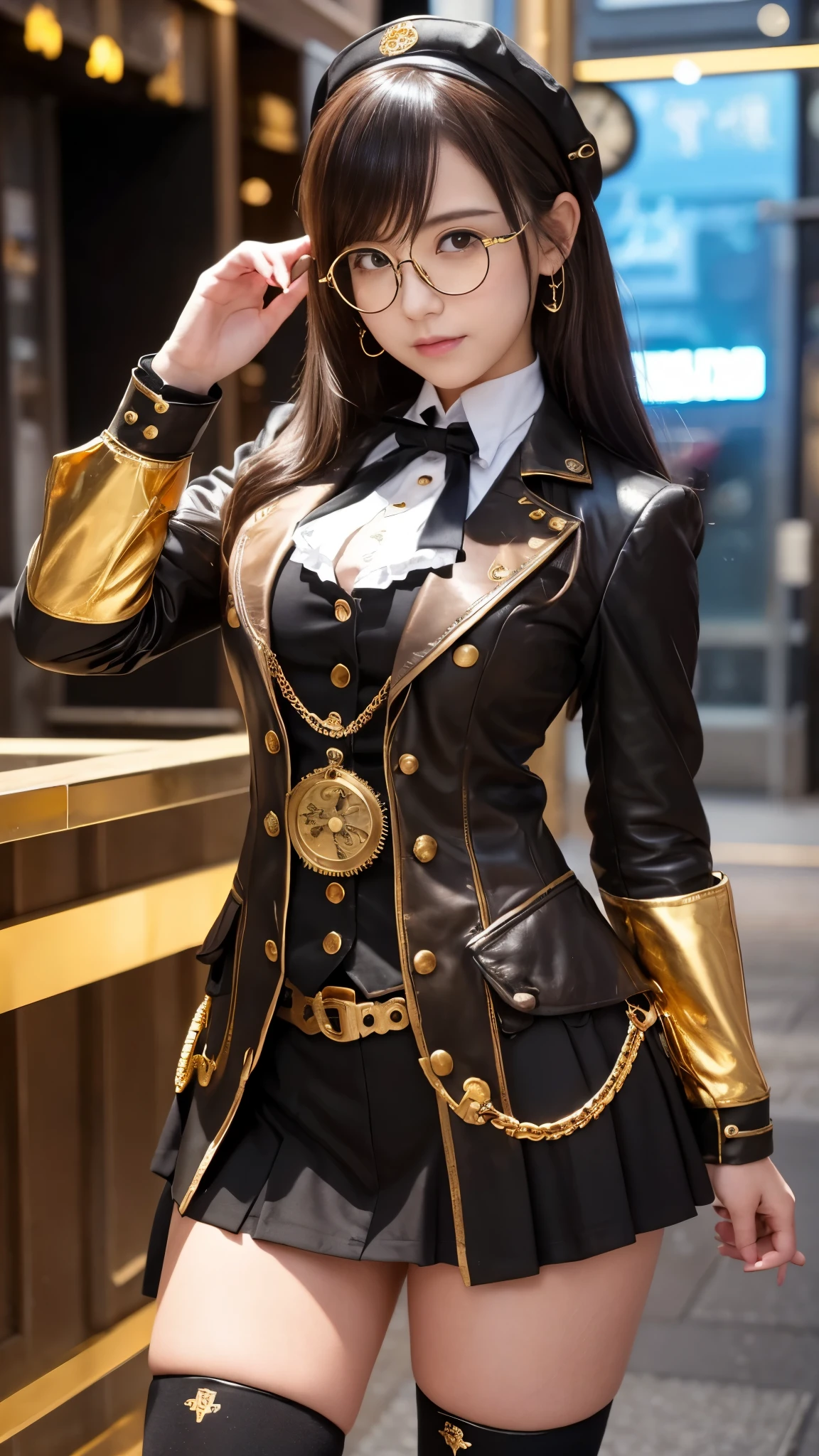 A cute and cool alchemy idol girl、whole body、Good style、、、、、、、、、、Thick legs、Gold and black steampunk uniform、A pure idol face、City of Gold（Shine）、glasses