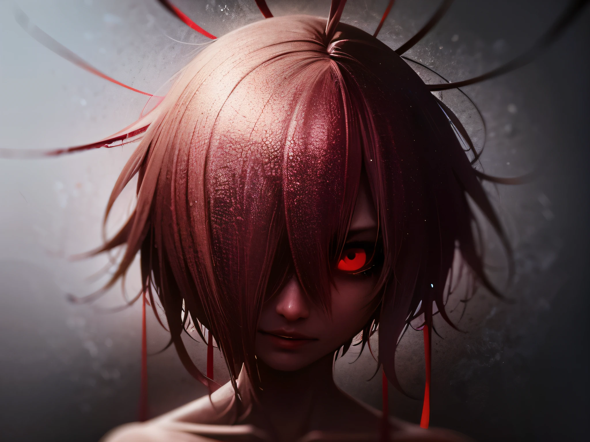 a humanoid-looking creature with blood-red eyes, sharped teeth, slenderbody, blood stained all over the body covered in scars and open wounds