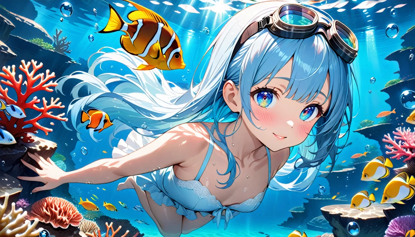 masterpiece, best quality, extremely detailed, (illustration, official art:1.1), 1 girl ,(((( light blue long hair)))), ,(((( light blue long hair)))),light blue hair, , long hair ((blush)) , cute face, big eyes, masterpiece, best quality,(((((a very delicate and beautiful girl))))),Amazing,beautiful detailed eyes,blunt bangs((((little delicate girl)))),(((tareme))),droopy eyes.(true beautiful:1.2), sense of depth,dynamic angle,,,, affectionate smile, (true beautiful:1.2),,(tiny 1girl model:1.2),)(flat chest),　(highest quality:1.2, Very detailed, Latest, Vibrant, Super Detail, Ultra-high resolution, High Contrast, masterpiece:1.2, highest quality, Best aesthetics), Detailed eyes、Underwater Scene、Anime Girls、Beautiful Lips、Colorful tropical fish、coral、((比基尼:1.2))、swimming、Calm expression、Lush vegetation、aquatic environment、Sun rays、Sparkling water reflections、A breathtaking underwater world、Bright colors、Subtle lighting、Tranquility、Marine Life、A masterpiece of art、Surreal atmosphere、Diving goggles、Water bubbles、Clear water、Tropical paradise、A blissful experience、Girl&#39;s happy face、coral礁、Unusual Marine Life、Rising bubbles、Shining fish scales、A floating sensation like weightlessness。

