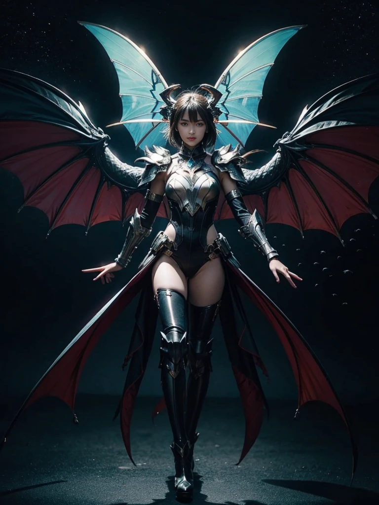 1girl, Armor, Wings, beautiful dragon, futuristic evolved Nekomata, (Neon glowing body), 2 tails, holographic, (The wings are symmetrically paired;1.5), Tricolor color body

