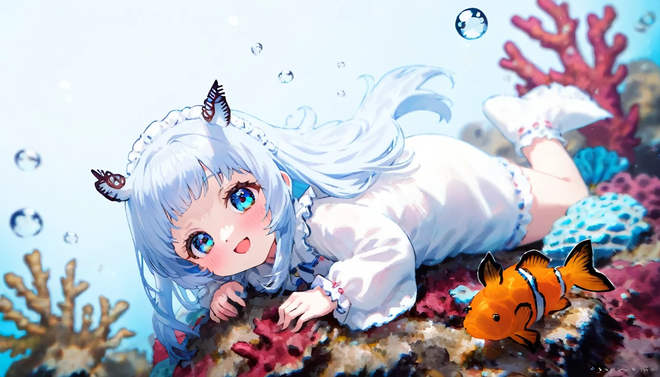 masterpiece, best quality, extremely detailed, (illustration, official art:1.1), 1 girl ,(((( light blue long hair)))), ,(((( light blue long hair)))),light blue hair, , long hair ((blush)) , cute face, big eyes, masterpiece, best quality,(((((a very delicate and beautiful girl))))),Amazing,beautiful detailed eyes,blunt bangs((((little delicate girl)))),(((tareme))),droopy eyes.(true beautiful:1.2), sense of depth,dynamic angle,,,, affectionate smile, (true beautiful:1.2),,(tiny 1girl model:1.2),)(flat chest),　(highest quality:1.2, Very detailed, Latest, Vibrant, Super Detail, Ultra-high resolution, High Contrast, masterpiece:1.2, highest quality, Best aesthetics), Detailed eyes、Underwater Scene、Anime Girls、Beautiful Lips、Colorful tropical fish、coral、((比基尼:1.2))、swimming、Calm expression、Lush vegetation、aquatic environment、Sun rays、Sparkling water reflections、A breathtaking underwater world、Bright colors、Subtle lighting、Tranquility、Marine Life、A masterpiece of art、Surreal atmosphere、Diving goggles、Water bubbles、Clear water、Tropical paradise、A blissful experience、Girl&#39;s happy face、coral礁、Unusual Marine Life、Rising bubbles、Shining fish scales、A floating sensation like weightlessness。
