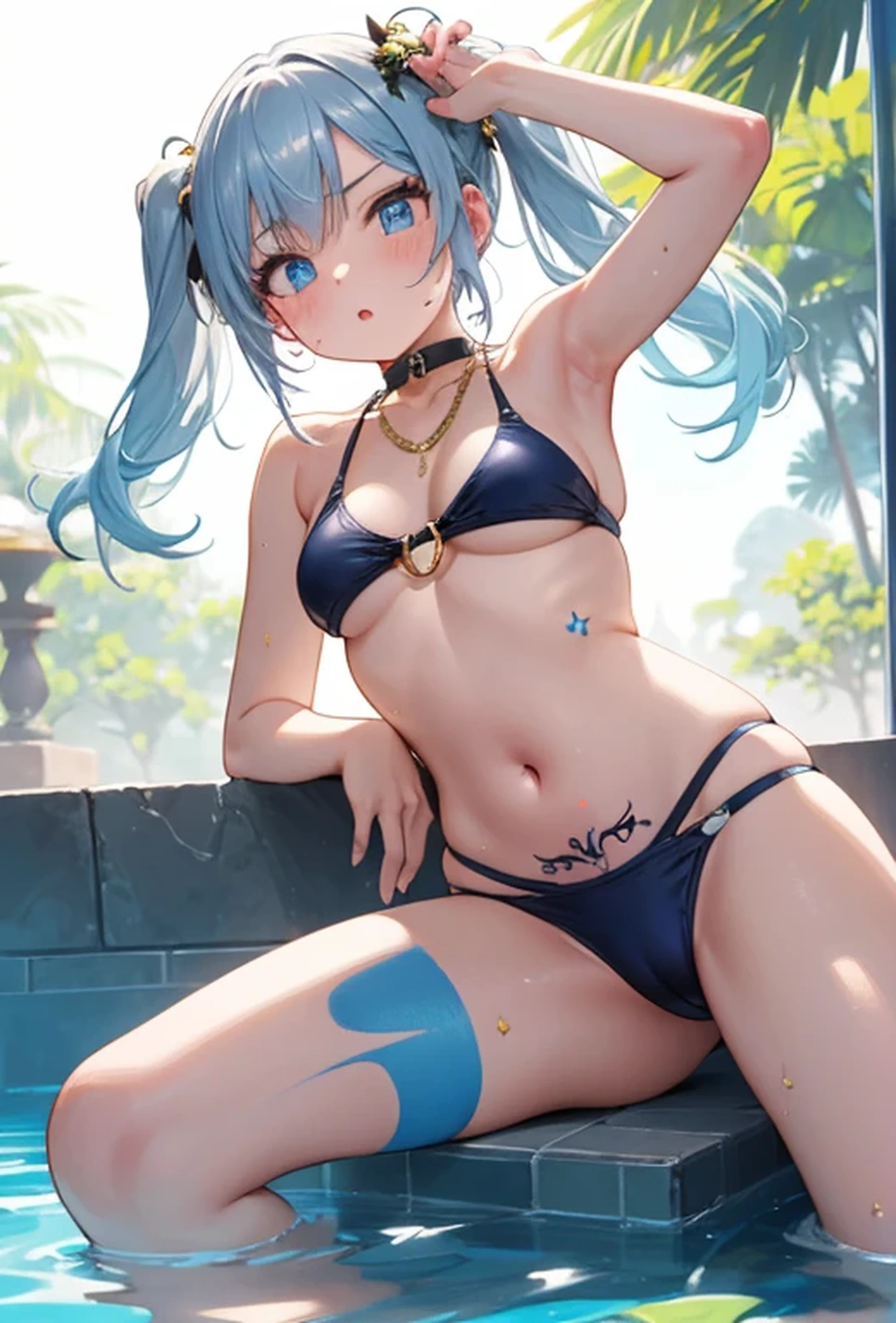 (Super detailed、Ultra-high resolution、8K masterpiece、Vibrant colors)、((Flat Color))、((Floating water))、summer、Poolside、 A woman in a sexy swimsuit、(Angle from below)、(Gold chain accessories on the body)、Random Sexy Poses、Sweaty、 ((body paint、Pop tattoo on thigh))、Big Breasts、Spread your legs、 (Tight swimsuit、choker)、cameltoe、Beautiful hip line、Butt、nude、 (Twin tails、Vermilion, blue, silver, golden hair、hair ornaments)、Beautiful blue eyes、Beautiful red lip、(Reluctant、Bad mood)、 TWICE's Tzuyu' on pause