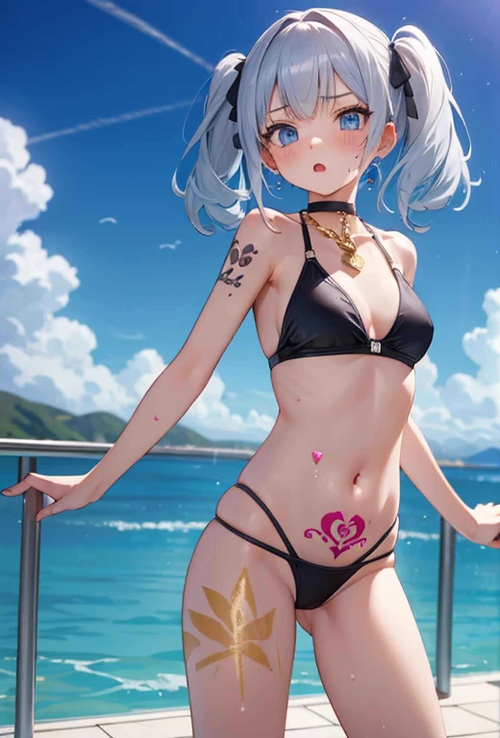 (Super detailed、Ultra-high resolution、8K masterpiece、Vibrant colors)、((Flat Color))、((Floating water))、summer、Poolside、 A woman in a sexy swimsuit、(Angle from below)、(Gold chain accessories on the body)、Random Sexy Poses、Sweaty、 ((body paint、Pop tattoo on thigh))、Big Breasts、Spread your legs、 (Tight swimsuit、choker)、cameltoe、Beautiful hip line、Butt、nude、 (Twin tails、Vermilion, blue, silver, golden hair、hair ornaments)、Beautiful blue eyes、Beautiful red lip、(Reluctant、Bad mood)、 TWICE's Tzuyu' on pause