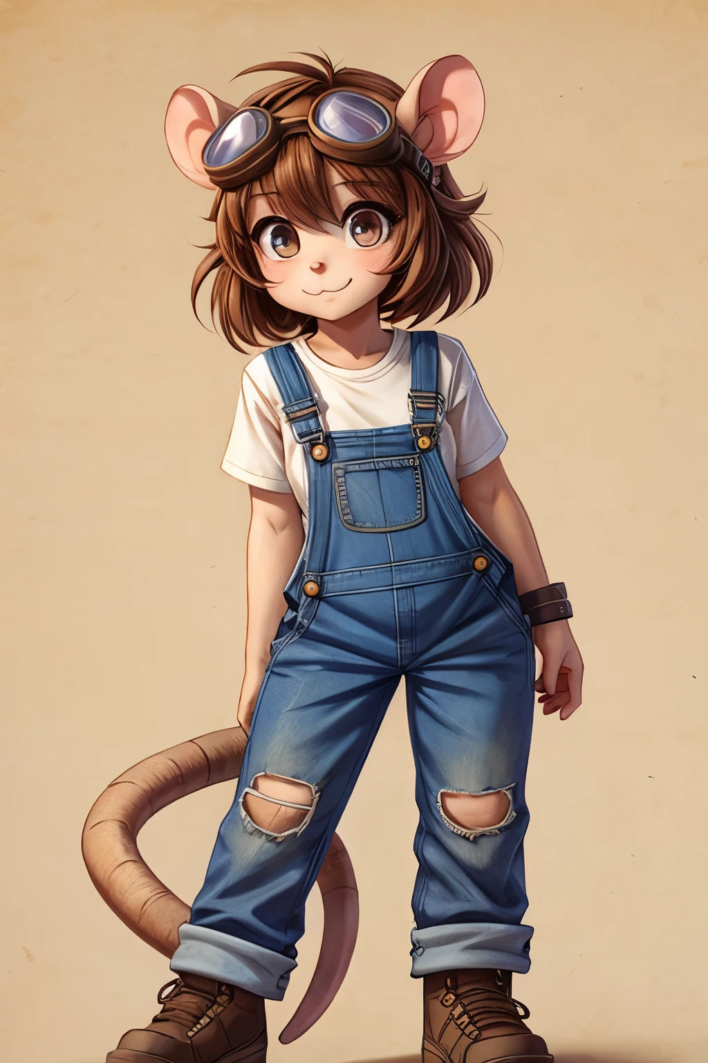 A cute ratgirl in patched overalls and large goggles