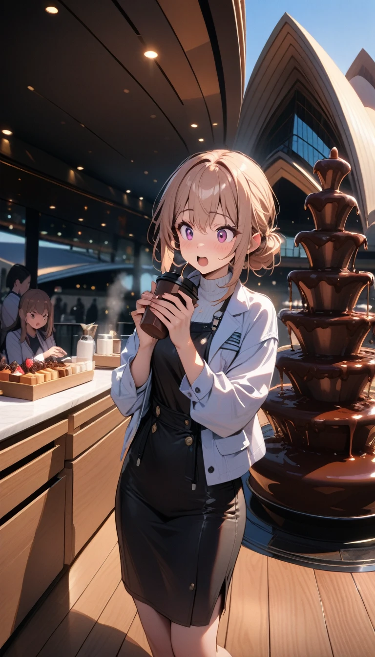 ((best quality)) , ((masterpiece)) , (detailed)，1girl，Female doctor, drinking coffee, at the Sydney Opera House, surprised expression, (chocolate fountain)，whole body，