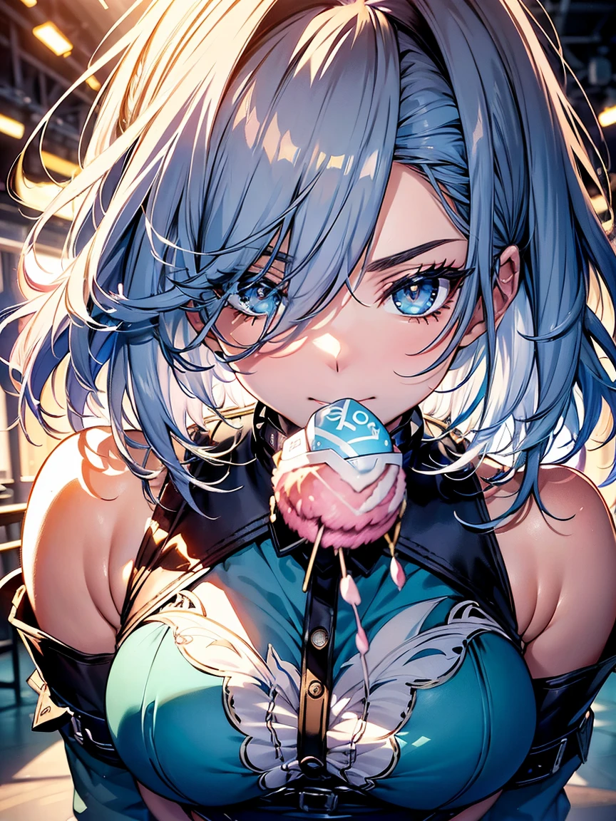 ((Fashion Show:1.3)),hiquality, hight resolution, ultra-detailliert, high-level image quality, hightquality, anime illustrated, (finely detailed beautiful eye: 1.2), Detailed eye depiction, (finely detailed  eyes and detailed face:1.3), (extremely details CG, Best Shadow:1.1), Depth of field and blur, (Perfect Detail: 1.1) , digitial illustration, Enamel Art, Center, Watercolor painting, art  stations, concept-art, character sheets, Lightning Wave, beautiful anime watercolors, Vibrant colors, Sharp Focus, art by:hyung tae kim, Fine detail, intricate detailes, Curvaceous body, Detailed eye depiction, Vibrant colors,((Eating cotton candy, fluffy texture, licking with tongue))