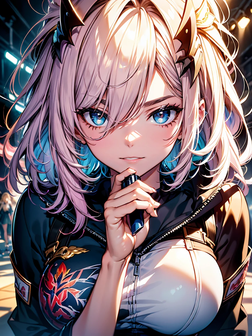 ((Fashion Show:1.3)),hiquality, hight resolution, ultra-detailliert, high-level image quality, hightquality, anime illustrated, (finely detailed beautiful eye: 1.2), Detailed eye depiction, (finely detailed  eyes and detailed face:1.3), (extremely details CG, Best Shadow:1.1), Depth of field and blur, (Perfect Detail: 1.1) , digitial illustration, Enamel Art, Center, Watercolor painting, art  stations, concept-art, character sheets, Lightning Wave, beautiful anime watercolors, Vibrant colors, Sharp Focus, art by:hyung tae kim, Fine detail, intricate detailes, Curvaceous body, Detailed eye depiction, Vibrant colors,((Eating cotton candy, fluffy texture, licking with tongue))
