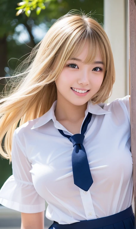 high school girl, Gal, Positive, 黒Gal, Blonde, blonde, Brown skin, Sunburn, Grilled to perfection, uniform, 学校のuniform, Front opening, Breakdown, ルーズなBreakdown, Too much exposure, Big Breasts, Breast flash, aggressive, cute, beautiful girl, Correct Anatomy, Ultra-high resolution, RAW Photos, Detailed face, cute顔, Lady, Japanese, smile