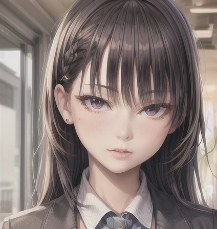 best quality, ultra high res, (photorealistic:1.4), 1girl, button shirt, black skirt, school, dark brown hair, breasts, (blonde hair:1.2), looking at viewer, (highly detailed face:1.1),, (PureErosFace_V1:0.8),tiktok,