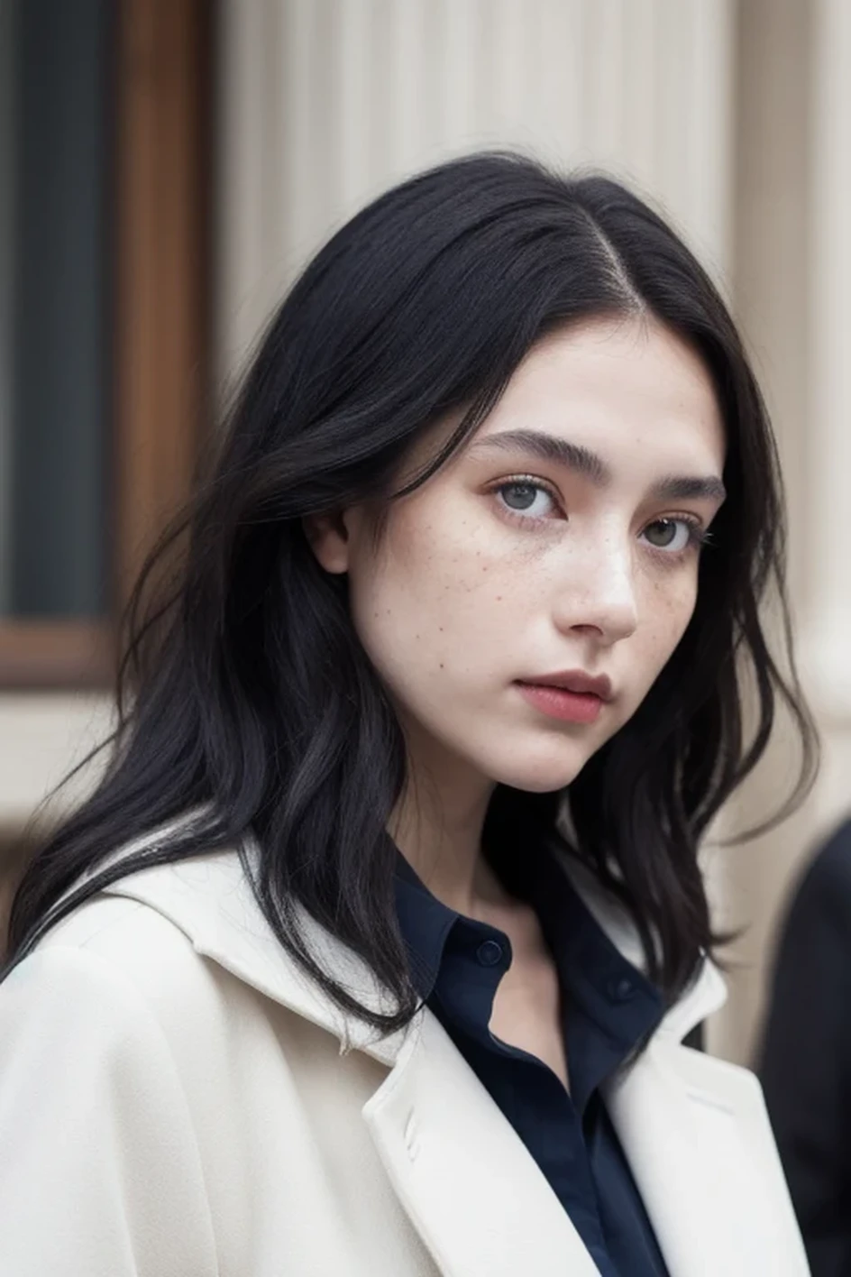 ((best qualityer)), ((work of art)), (detailded), a girl with black wavy hair, her skin color is white and she is very white, blue colored eyes, She has some discreet freckles on her face, she is Russian and is wearing a dark blue coat with a white blouse underneath.