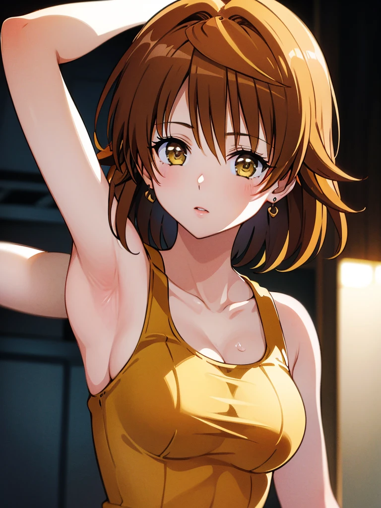 1girl, solo, looking at viewer, short hair, simple background, brown hair, brown eyes, jewelry, upper body, earrings, sleeveless, lips, yellow background