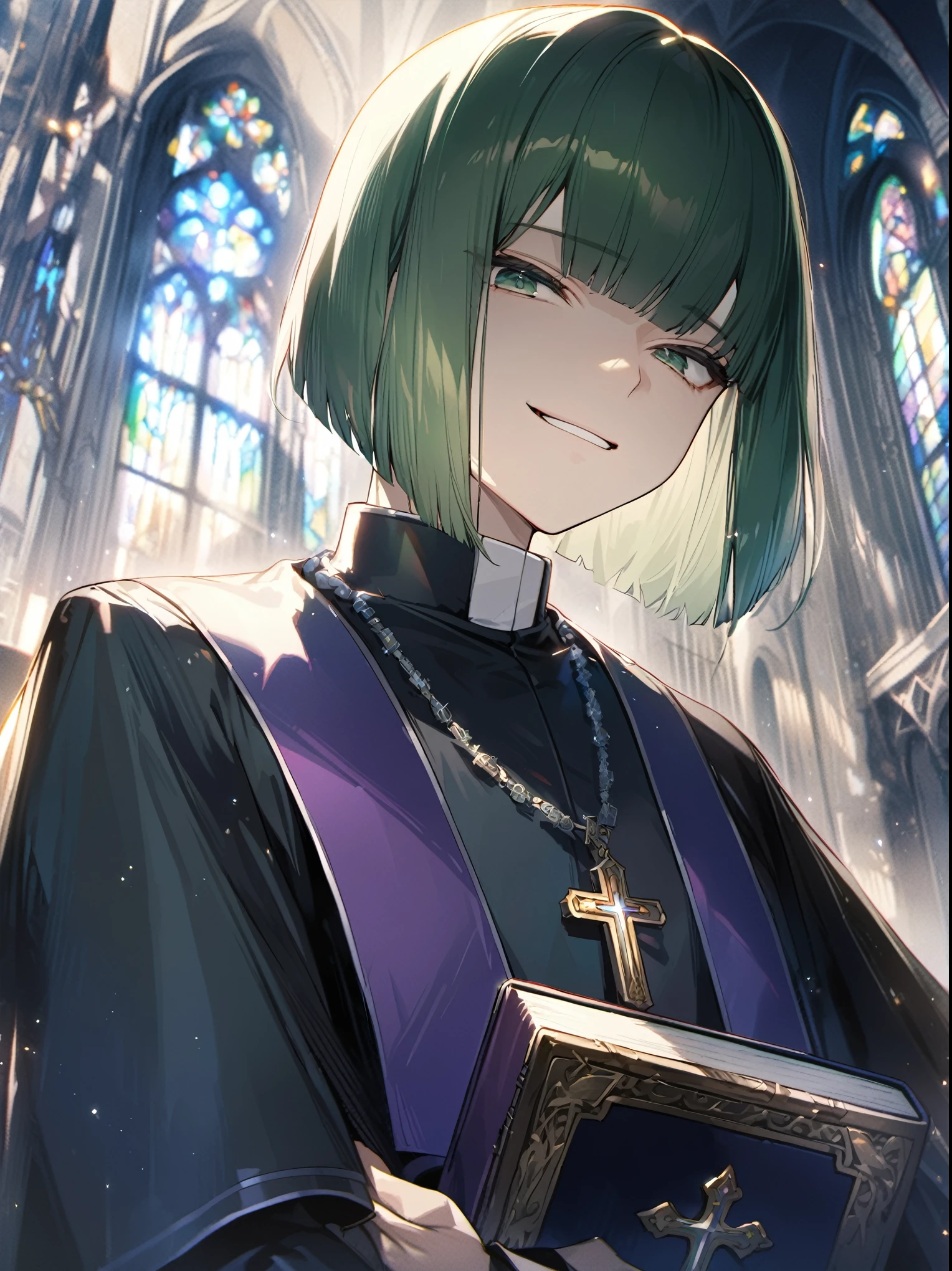 ultra-detailed illustration of 1boy, young man, dark teal hair, bob cut, blunt bangs, dark green eyes, (smug face, tooth:0.5), oblique eyes, cleric, priest, black cassock, a black capelet framed in gold, purple stole, silver rosary, upper body, He is holding the Bible in front of his chest. in a cathedral made of white marble, chromatic aberration, depth of field, beautiful stained glass, masterpiece, best quality, beautiful illustration, very aesthetic art