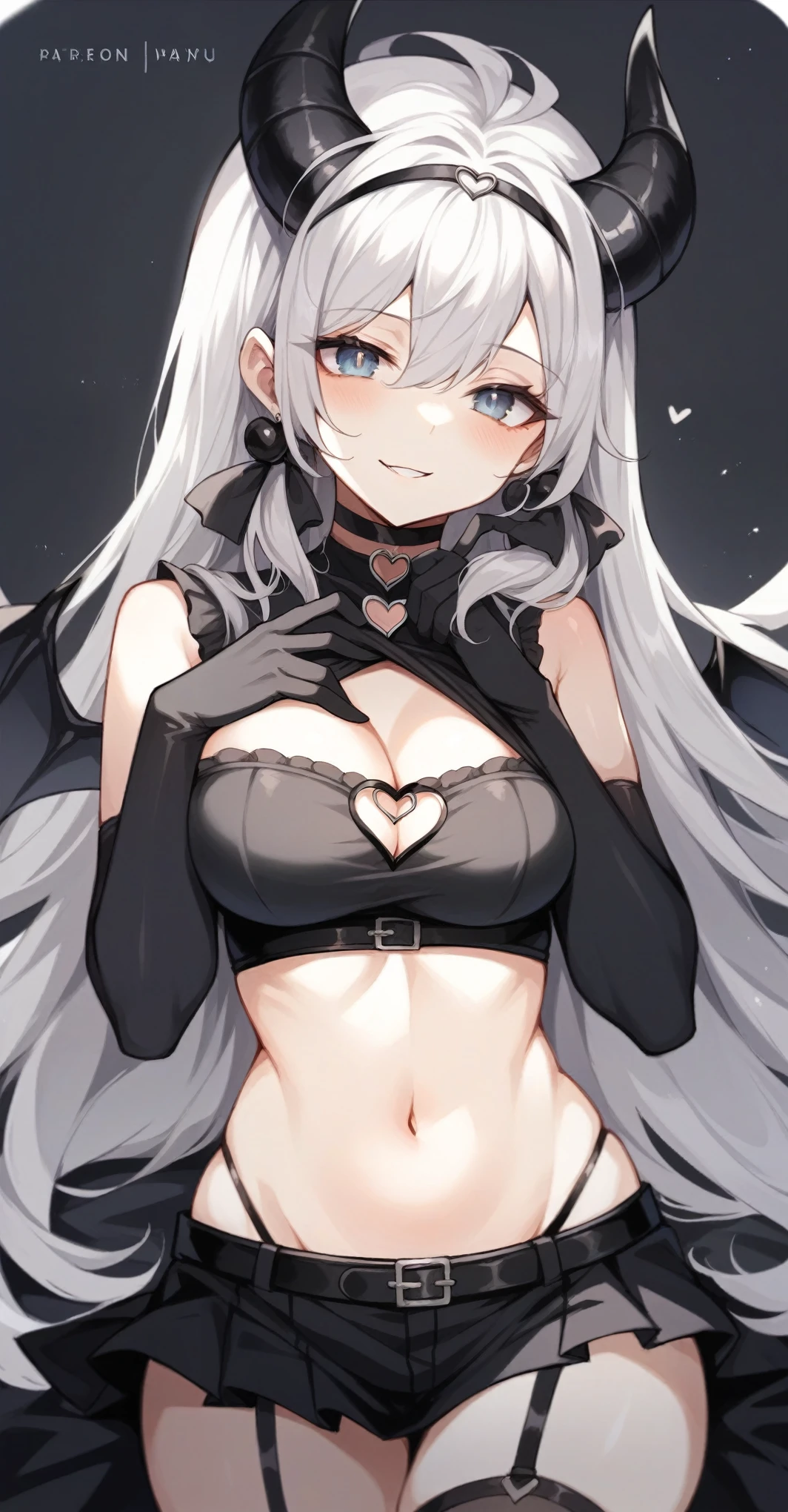 A beautiful anime-style female character with long silver hair.、She is wearing a black outfit with a heart cutout on her chest.。 Black Horn、Black choker with a heart pendant、Wearing black gloves。 The outfit is a short skirt and thigh-high stockings.。 Eyes are blue、With a mischievous look、Winking。 It has small bat wings on its back。
