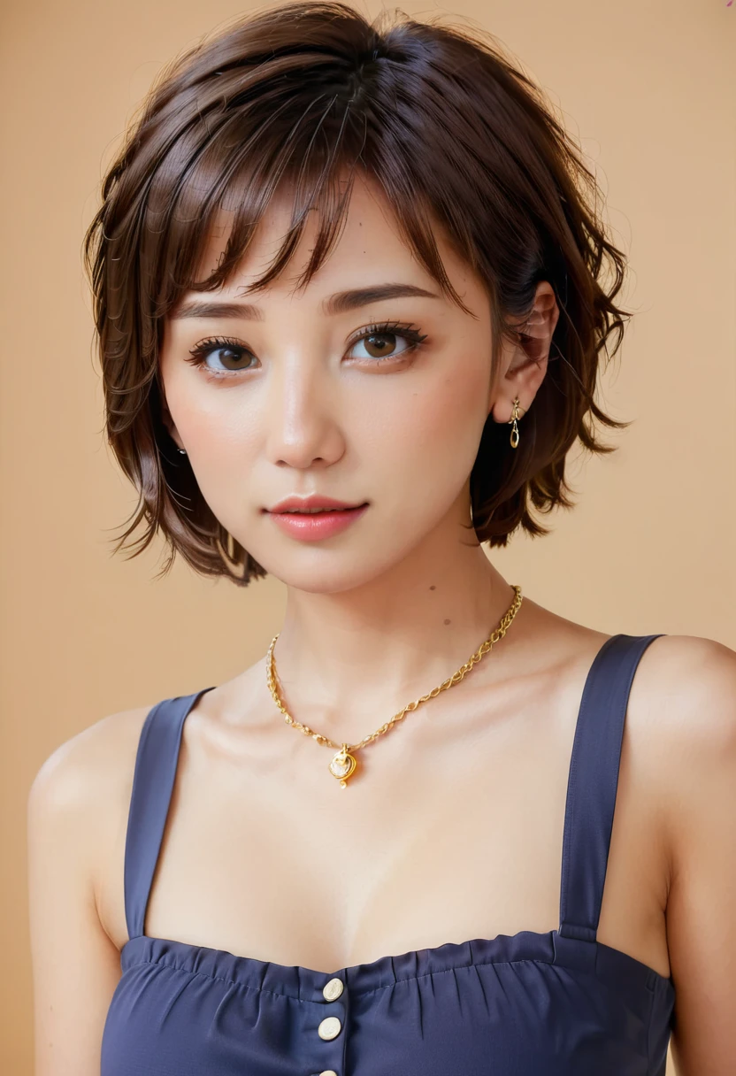 1girl, solo, looking at viewer, short hair, simple background, brown hair, brown eyes, jewelry, upper body, earrings, sleeveless, lips, yellow background