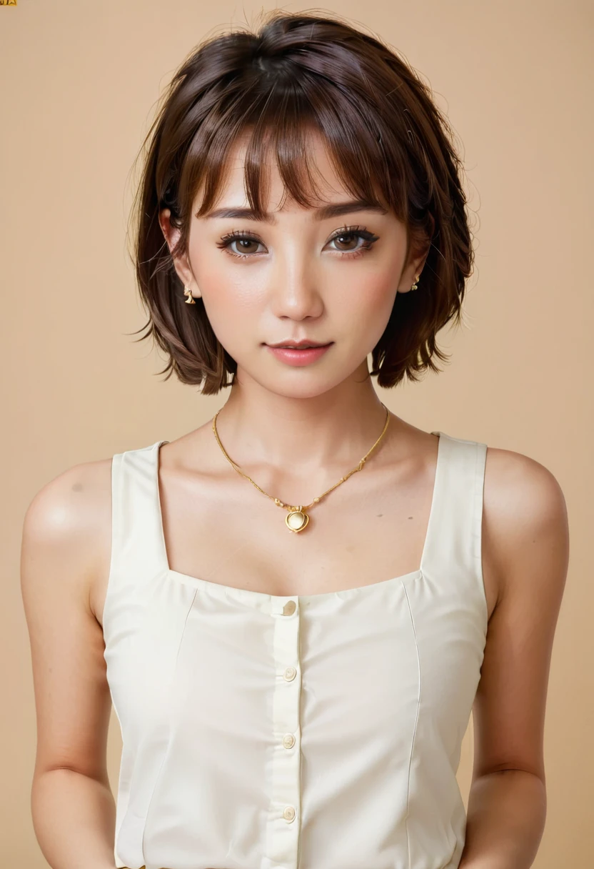 1girl, solo, looking at viewer, short hair, simple background, brown hair, brown eyes, jewelry, upper body, earrings, sleeveless, lips, yellow background